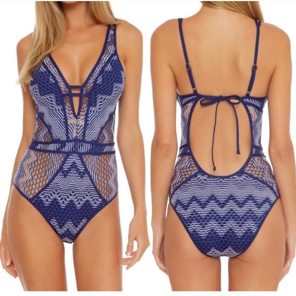 BECCA Reveal Plunge One Piece Swimsuit Womens Small Blue Crochet Nautical